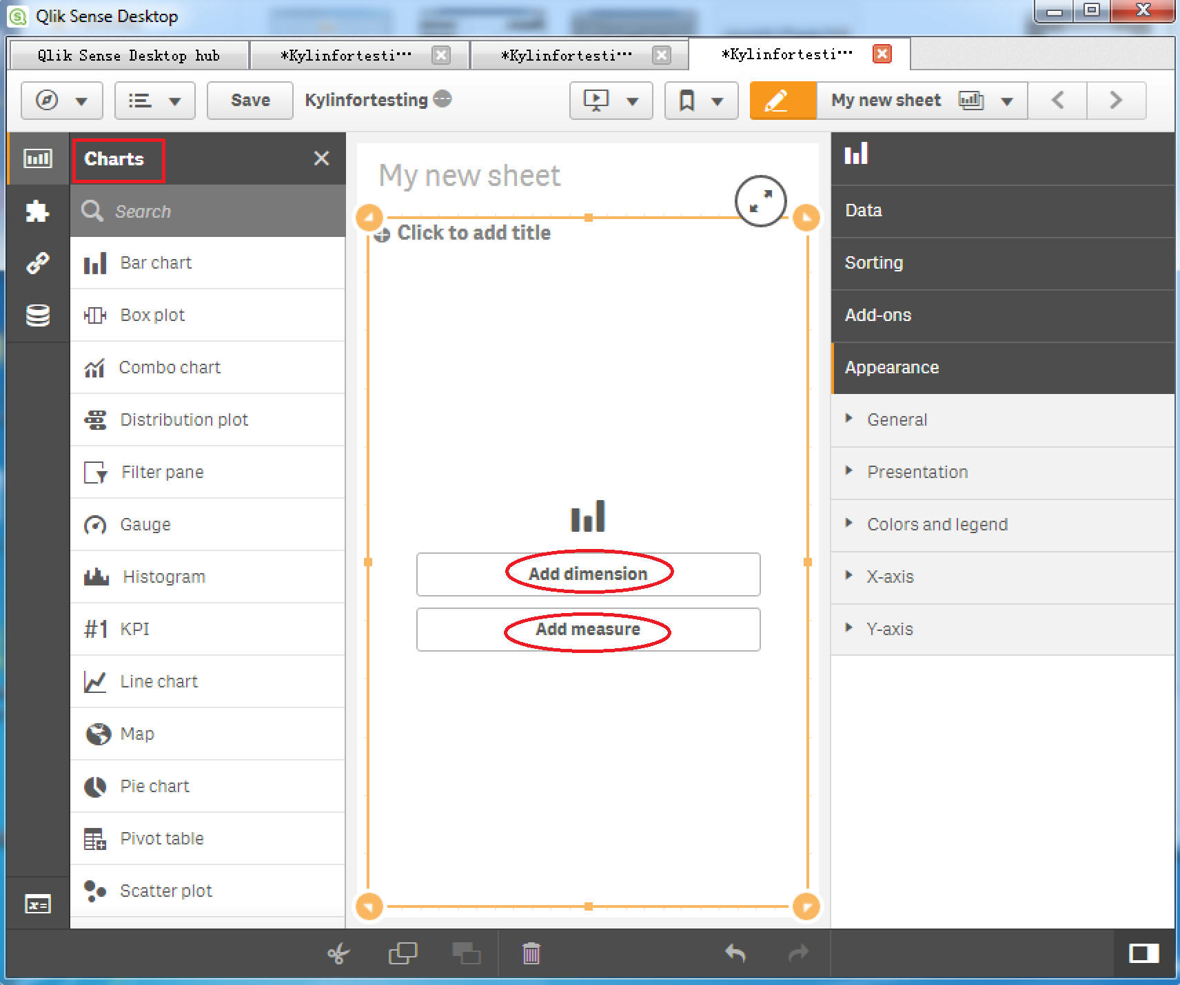 Select the required charts, dimension and measure